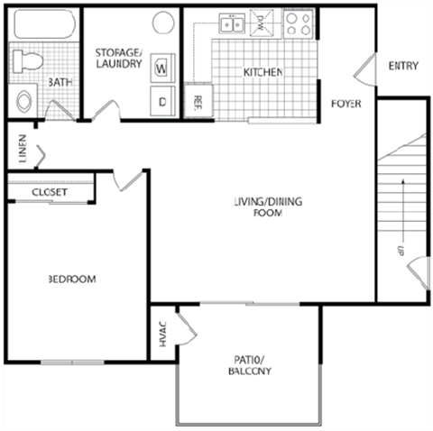Floor plan for 1 bed, 1 bath, 636 sqft