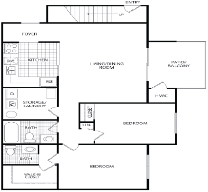 Floor plan for 2 beds, 1.5 baths, 908 sqft