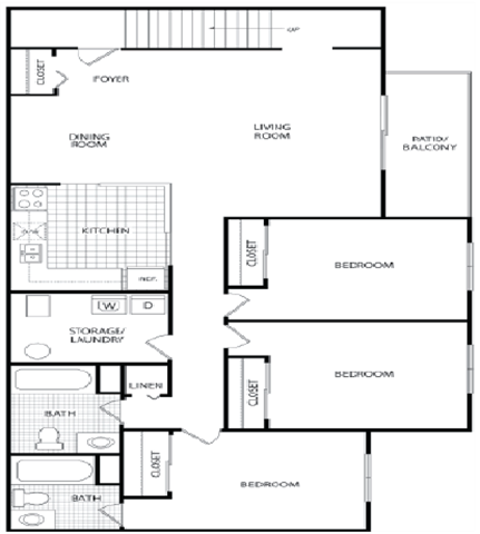 Floor plan for 3 beds, 2 baths, 1080 sqft