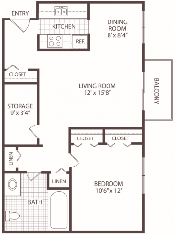 Floor plan for 1 bed, 1 bath, 700 sqft
