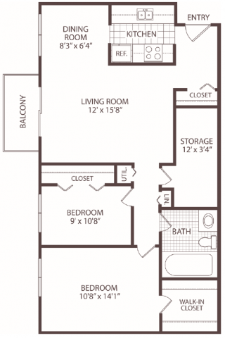 Floor plan for 2 beds, 1 bath, 950 sqft