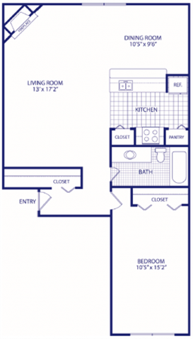 Floor plan for 1 bed, 1 bath, 850 sqft