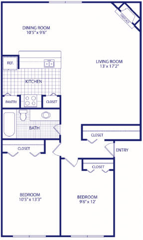 Floor plan for 2 beds, 1 bath, 950 sqft