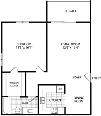 Floor plan for 1 bed, 1 bath, 750 sqft