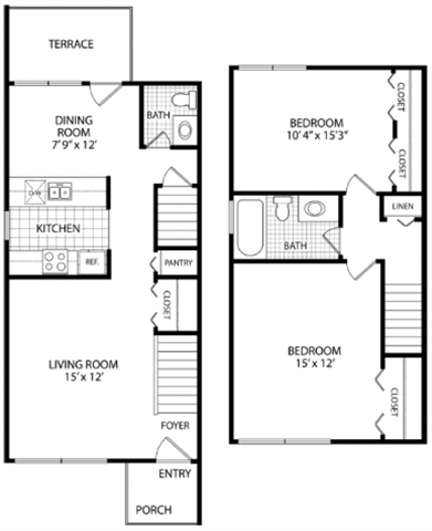 Floor plan for 2 beds, 1.5 baths, 1150 sqft