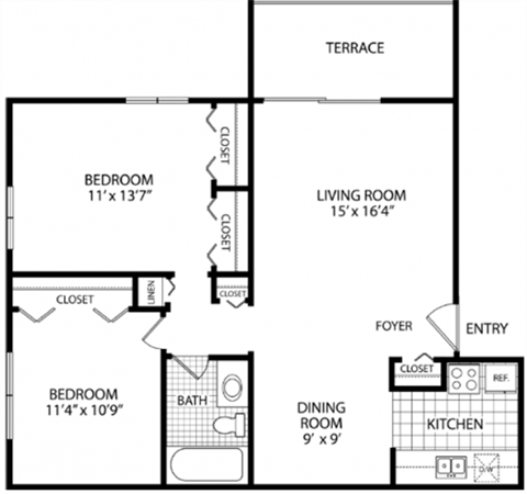 Floor plan for 2 beds, 1 bath, 950 sqft