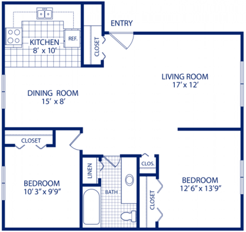 Floor plan for 2 beds, 1 bath, 750 sqft