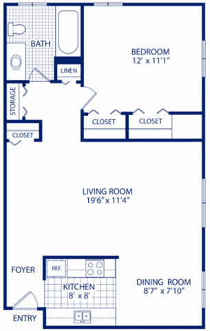 Floor plan for 1 bed, 1 bath, 625 sqft