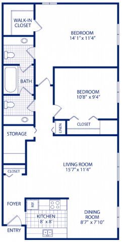 Floor plan for 2 beds, 1 bath, 800 sqft