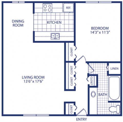 Floor plan for 1 bed, 1 bath, 850 sqft