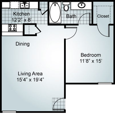 Floor plan for 1 bed, 1 bath, 700 sqft