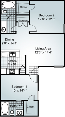 Floor plan for 2 beds, 2 baths, 950 sqft