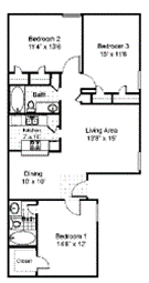 Floor plan for 3 beds, 2 baths, 1180 sqft