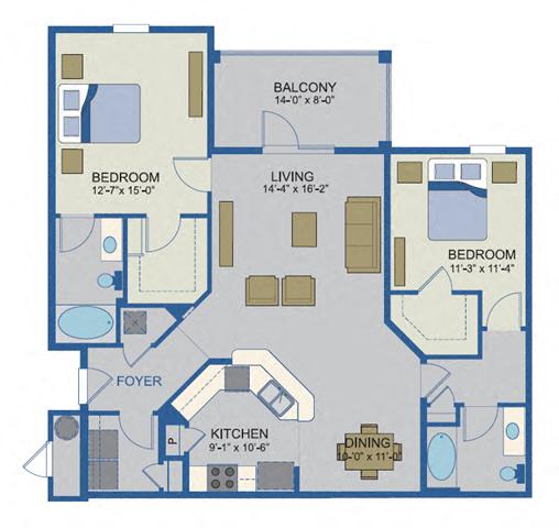 Floor plan for 2 beds, 2 baths, 1267 sqft