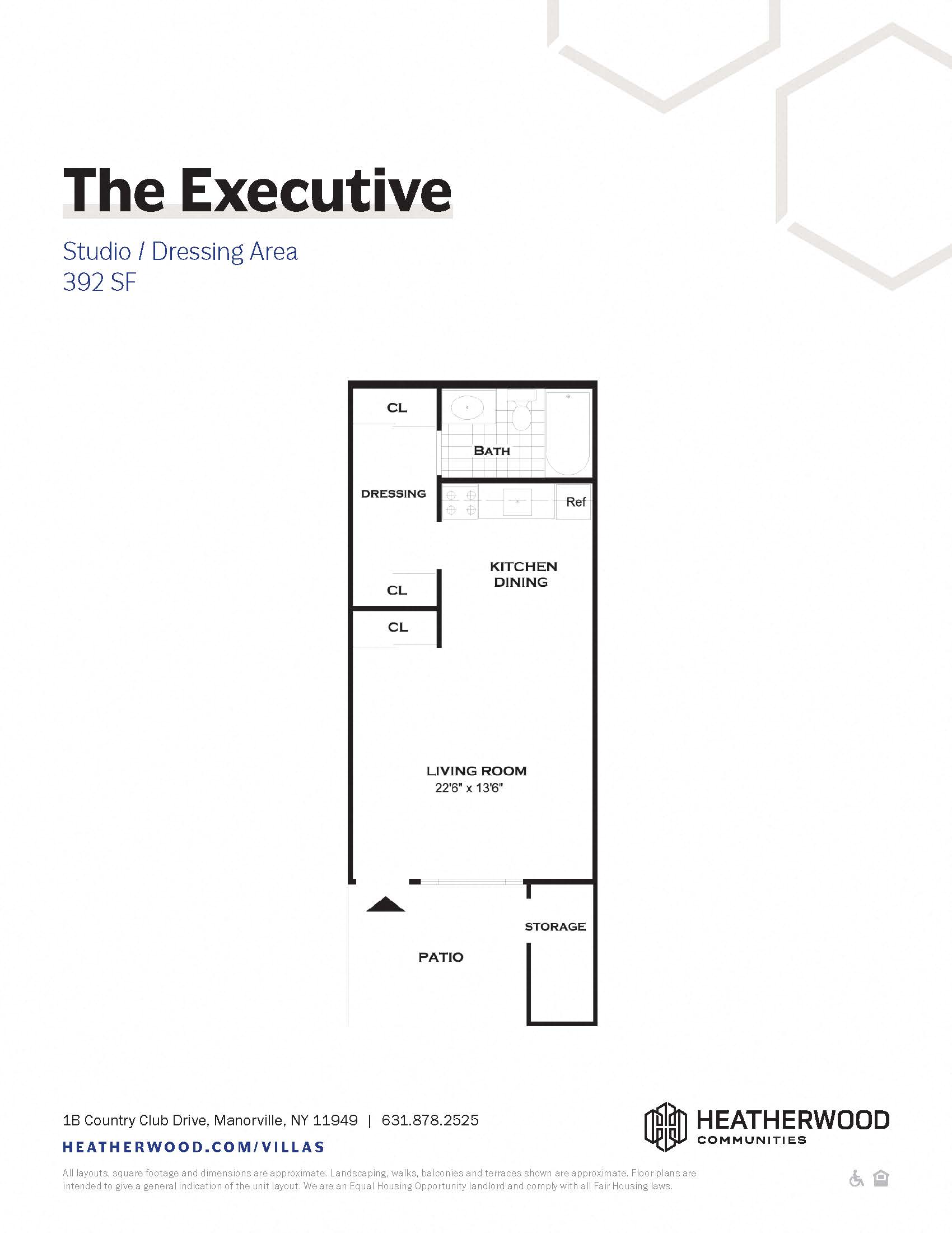 Floor plan for studio, 1 bath, 392 sqft