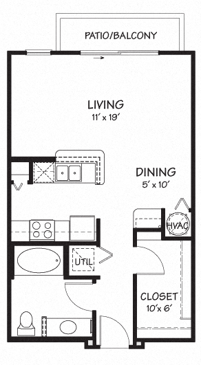Floor plan for studio, 1 bath, 563 sqft