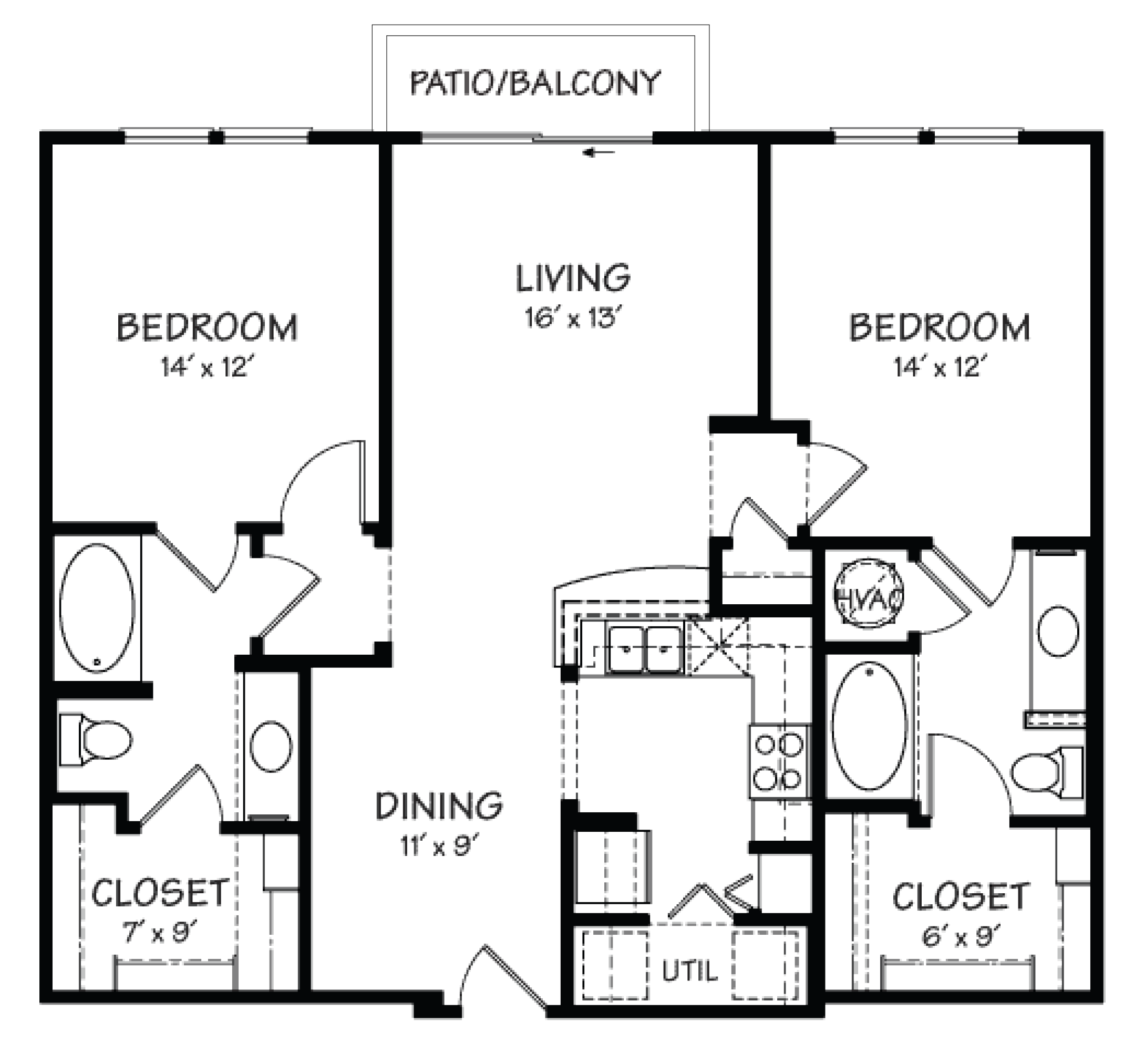 Floor plan for 2 beds, 2 baths, 1069 sqft