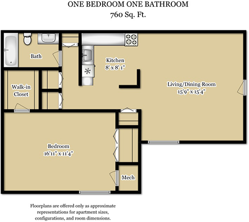 Floor plan for 1 bed, 1 bath, 760 sqft