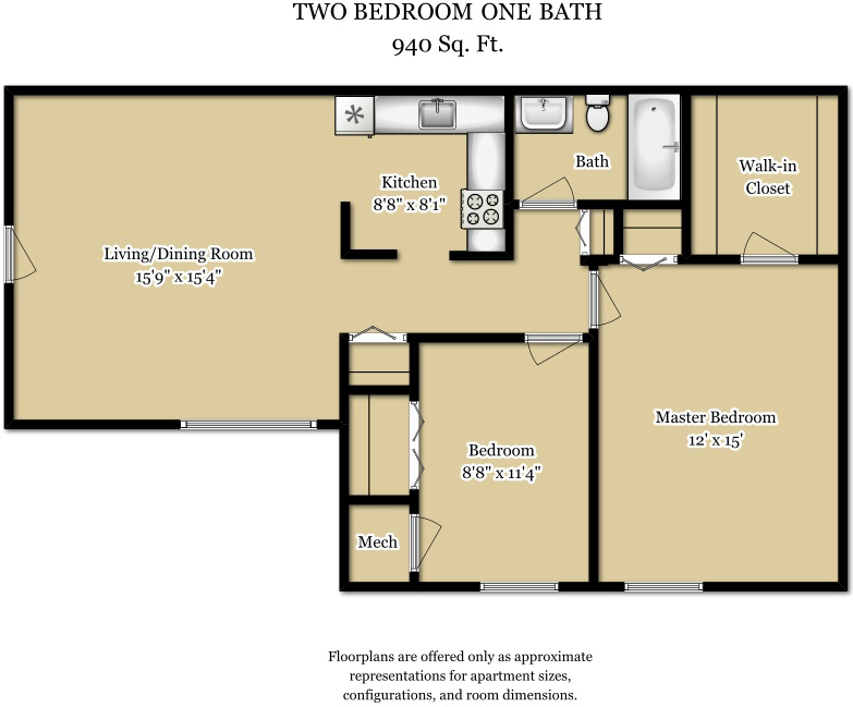 Floor plan for 2 beds, 1 bath, 940 sqft