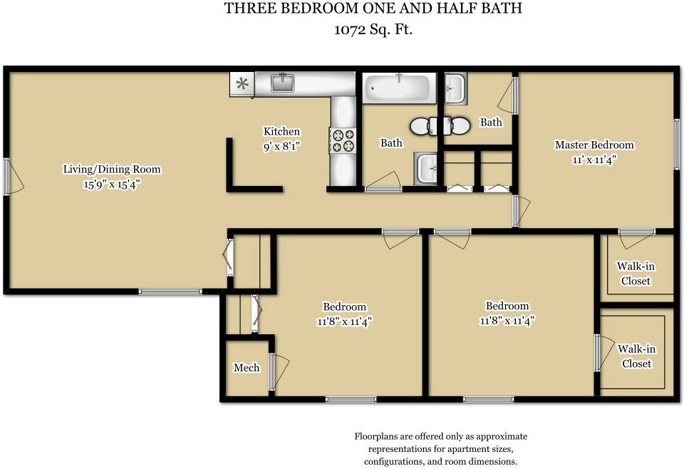 Floor plan for 3 beds, 1.5 baths, 1072 sqft