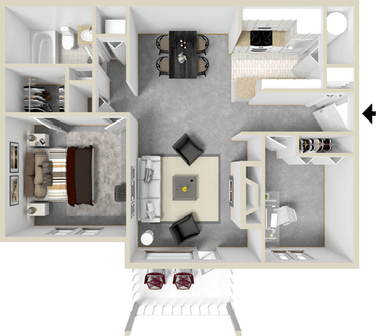 Floor plan for 2 beds, 1 bath, 862 sqft