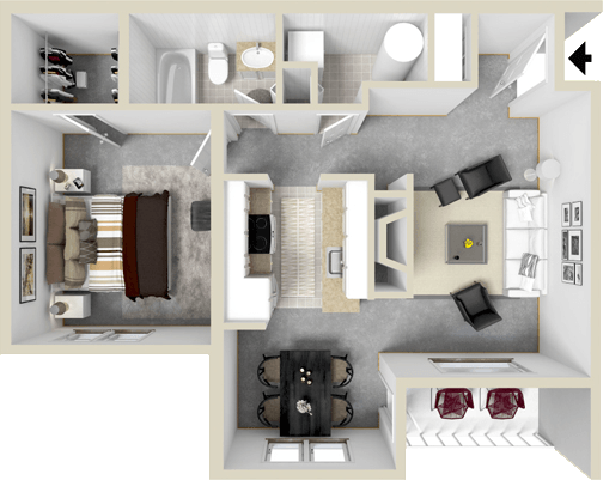 Floor plan for 1 bed, 1 bath, 699 sqft