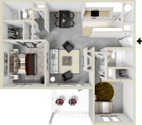 Floor plan for 2 beds, 2 baths, 996 sqft