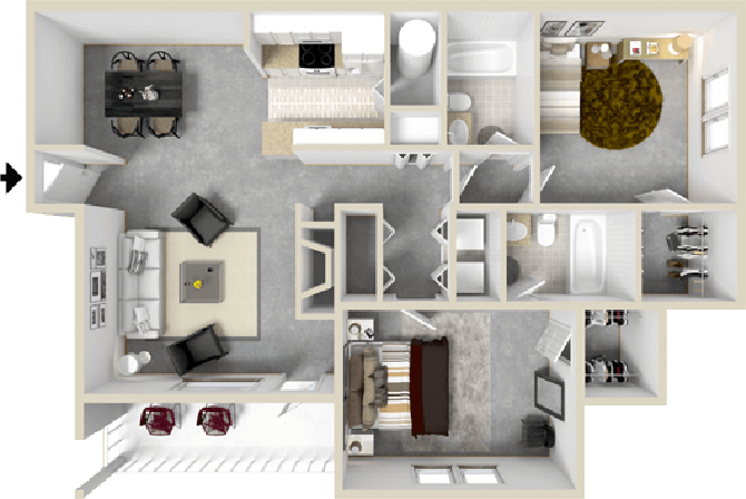 Floor plan for 2 beds, 2 baths, 1000 sqft
