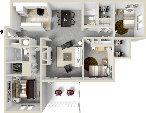 Floor plan for 3 beds, 2 baths, 1306 sqft