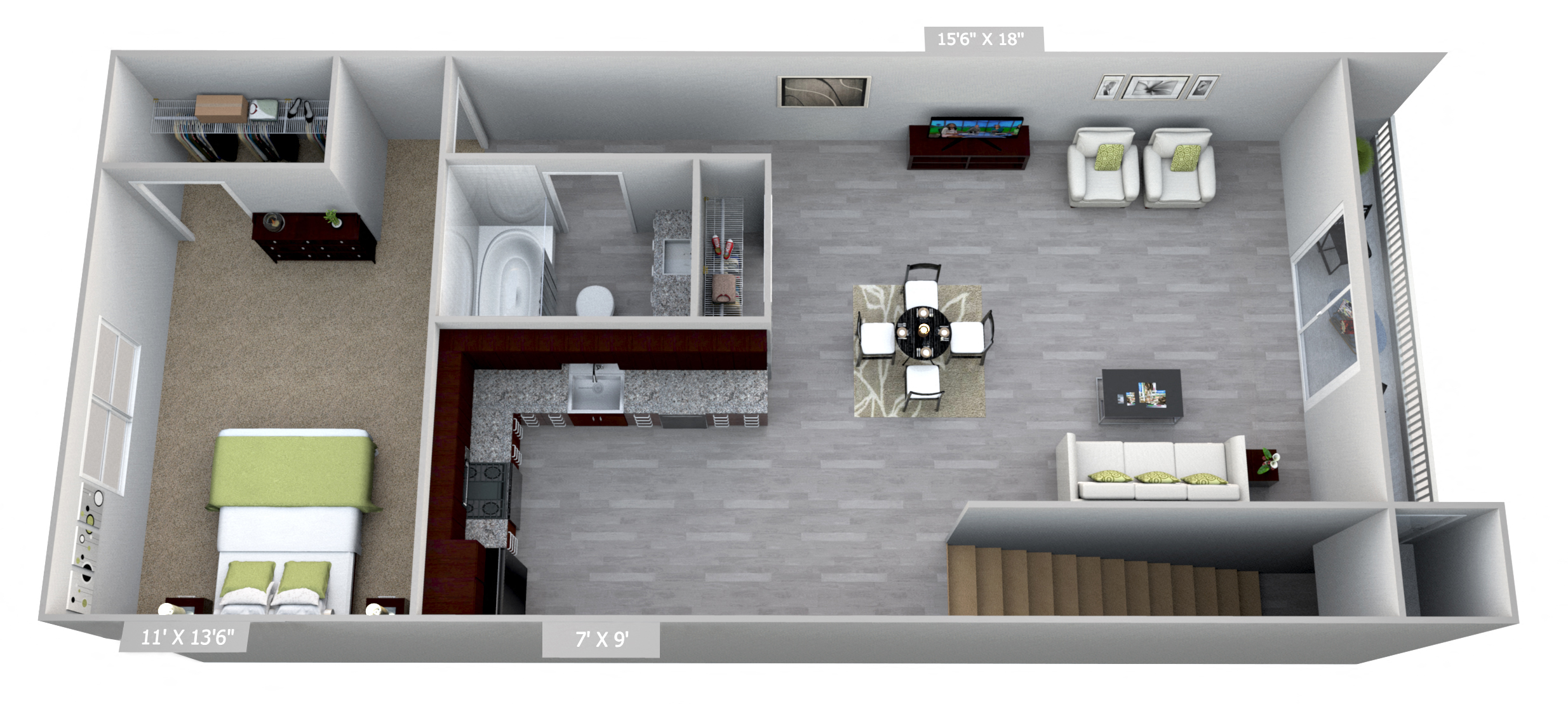 Floor plan for 1 bed, 1 bath, 599 sqft