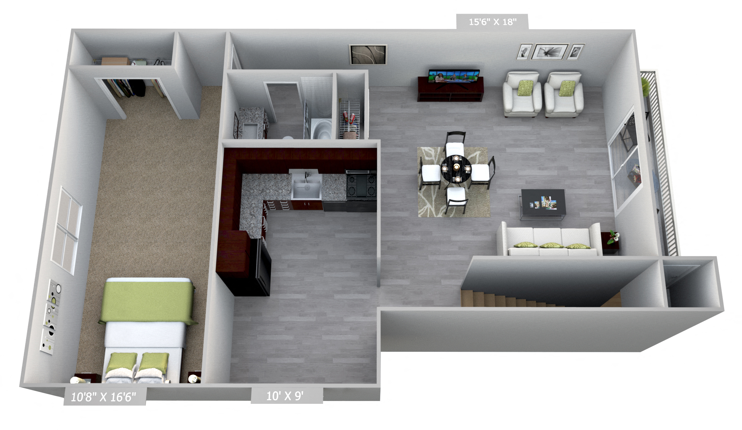 Floor plan for 1 bed, 1 bath, 613 sqft