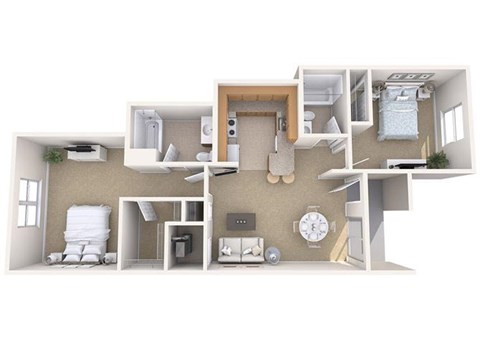 Floor plan for 2 beds, 2 baths, 913 sqft