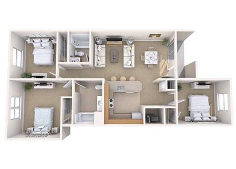Floor plan for 3 beds, 2 baths, 1128 sqft