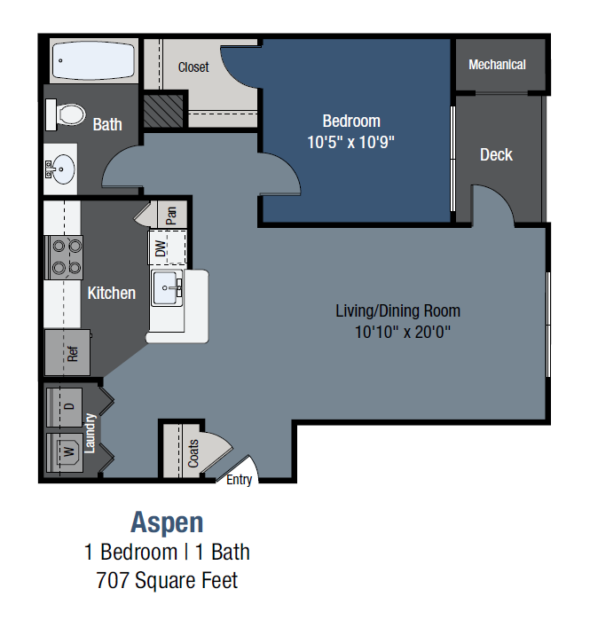 Floor plan for 1 bed, 1 bath, 707 sqft