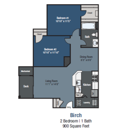 Floor plan for 2 beds, 1 bath, 900 sqft