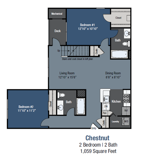 Floor plan for 2 beds, 2 baths, 1059 sqft