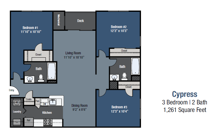 Floor plan for 3 beds, 2 baths, 1261 sqft