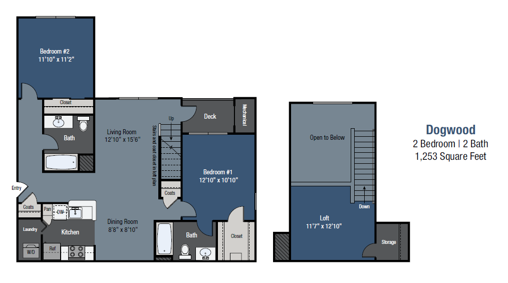 Floor plan for 2 beds, 2 baths, 1253 sqft