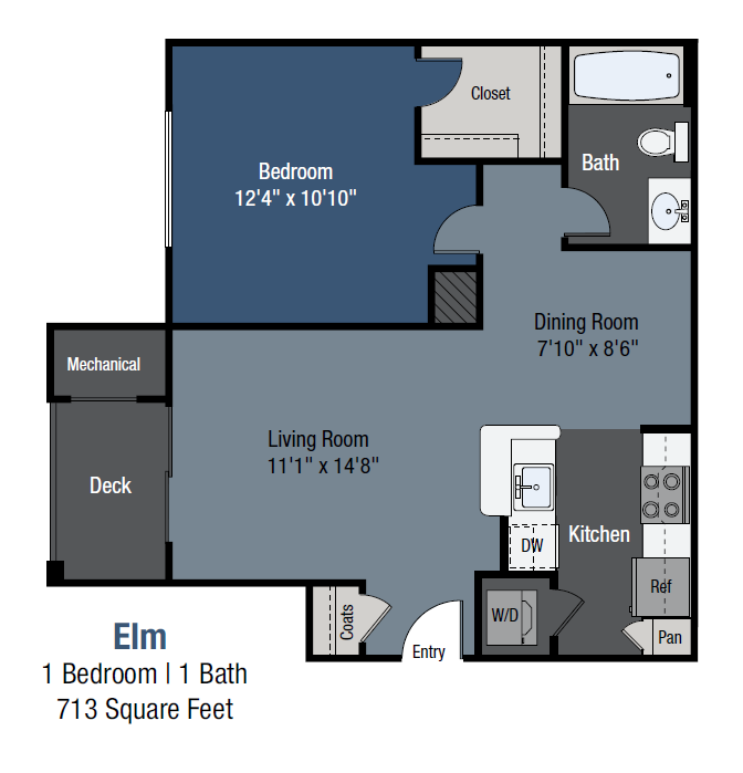 Floor plan for 1 bed, 1 bath, 713 sqft