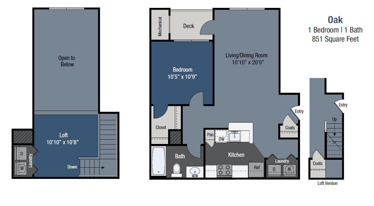 Floor plan for 1 bed, 1 bath, 851 sqft