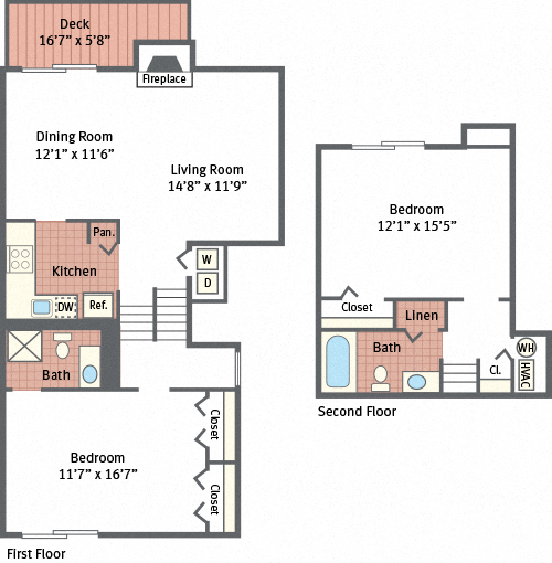 Floor plan for 2 beds, 2 baths, 1175 sqft