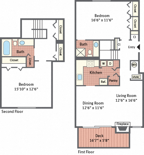 Floor plan for 2 beds, 2 baths, 1250 sqft