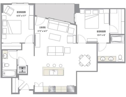 Floor plan for 2 beds, 2 baths, 1152 sqft