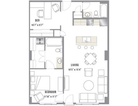 Floor plan for 1 bed, 2 baths, 1020 sqft