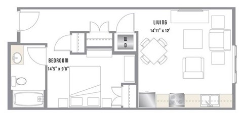 Floor plan for 1 bed, 1 bath, 583 sqft