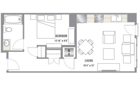 Floor plan for 1 bed, 1 bath, 596 sqft