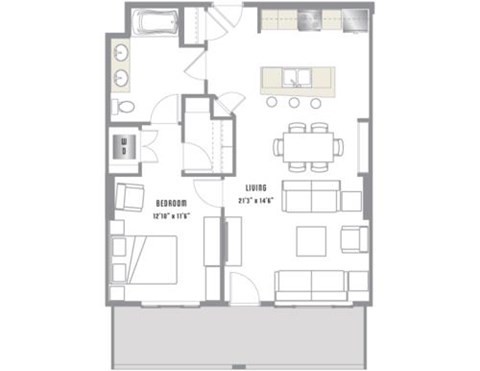 Floor plan for 1 bed, 1 bath, 853 sqft