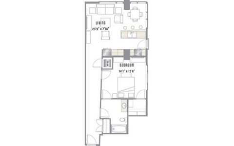 Floor plan for 1 bed, 1 bath, 866 sqft