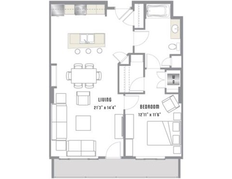 Floor plan for 1 bed, 1 bath, 881 sqft