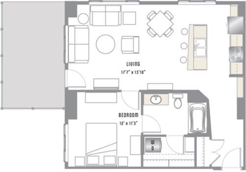 Floor plan for 1 bed, 1 bath, 775 sqft